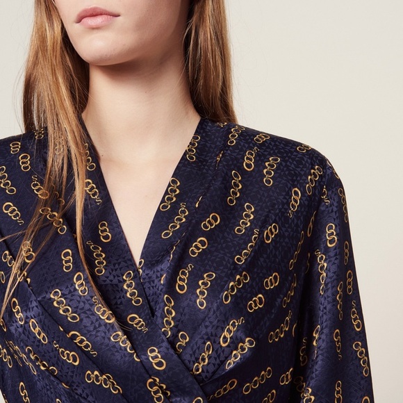 SANDRO Silk Satin Chain Print Draped V-Neck Long Bell Sleeve Ruffle Hem Dress XS - Picture 7 of 11